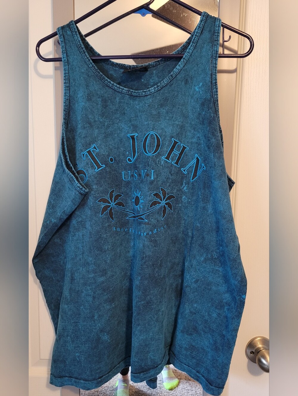St. John Teal Washed Muscle Tank with Palm Graphic